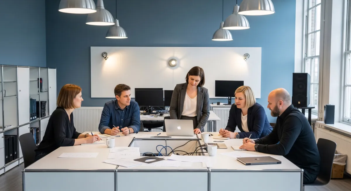 Jovens fundadores discutindo ideias em ambiente de trabalho inovador